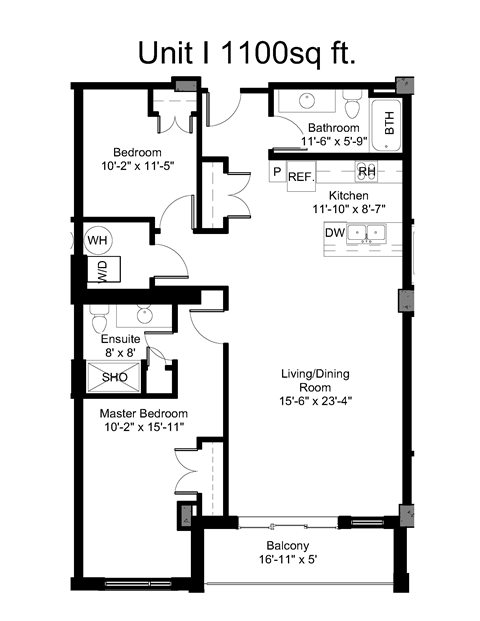 Floor plan for 2 beds, 2 baths, 1104 sqft